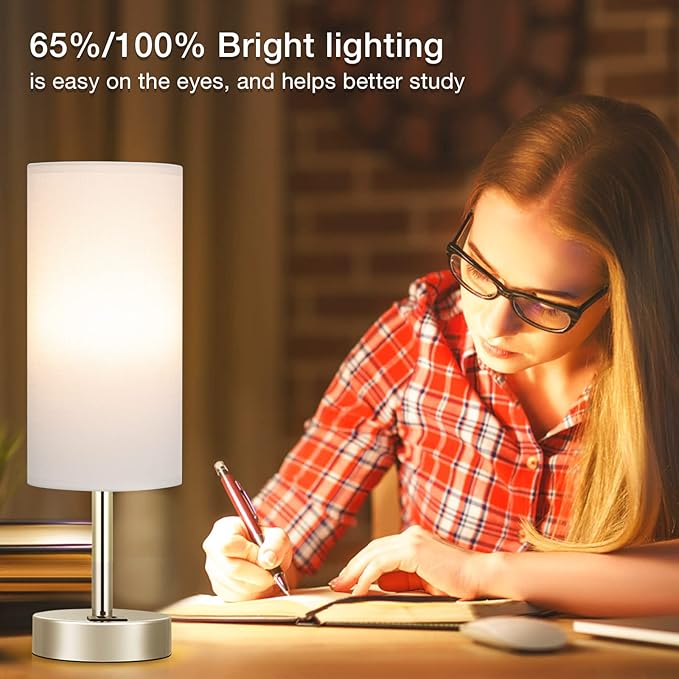 Dicoool White Bedside Touch Table Lamps for Bedroom Nightstand with USB-C USB-A Charging Ports White, 3 Way Dimmable Control Small Lamp Silver Base for Office, Living Room, Reading