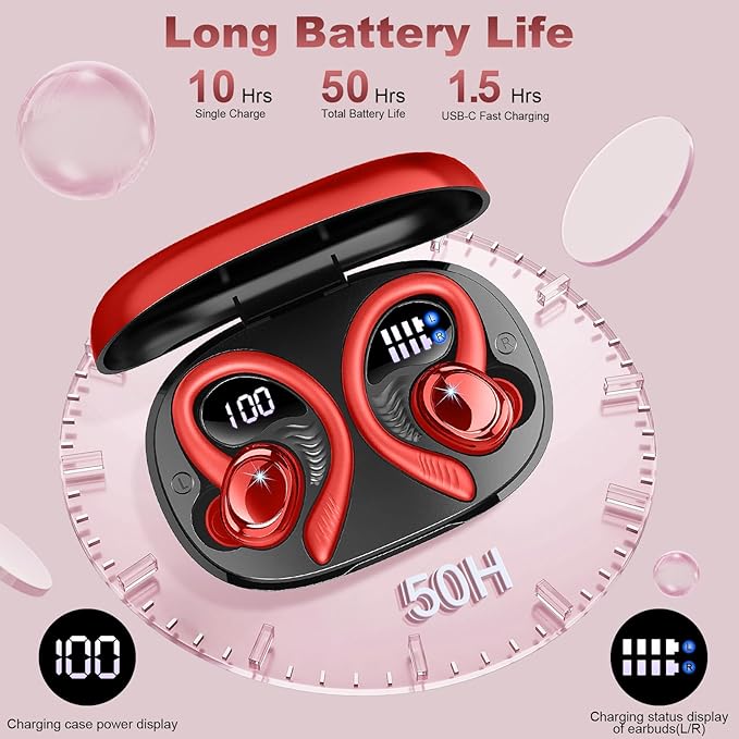 Hupoaf Wireless Earbuds Sport, 2025 Bluetooth 5.4 Headphones with Earhooks, 50H Stereo Deep Bass Over Ear Buds with 4 ENC Noise Canceling Mics, IP7 Waterproof Earphones for Running Workout Gym -Red