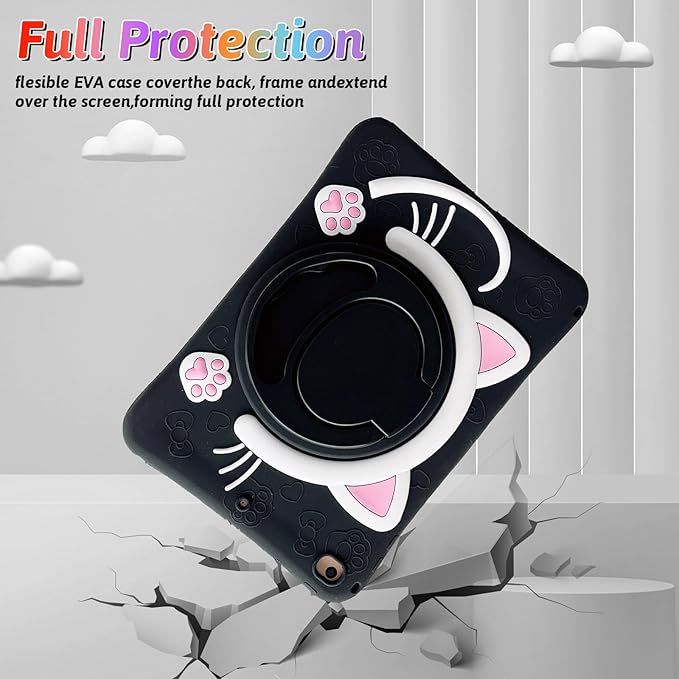 Dteck for iPad Pro 11 Case 2022/2021/2020/2018,iPad Air 5/4 Case,Cute Cartoon 3D Unique Rotating Handle Stand Shoulder Strap Soft Silicone Funda Rugged Shockproof Protective Kid-Proof Case,Black Cat