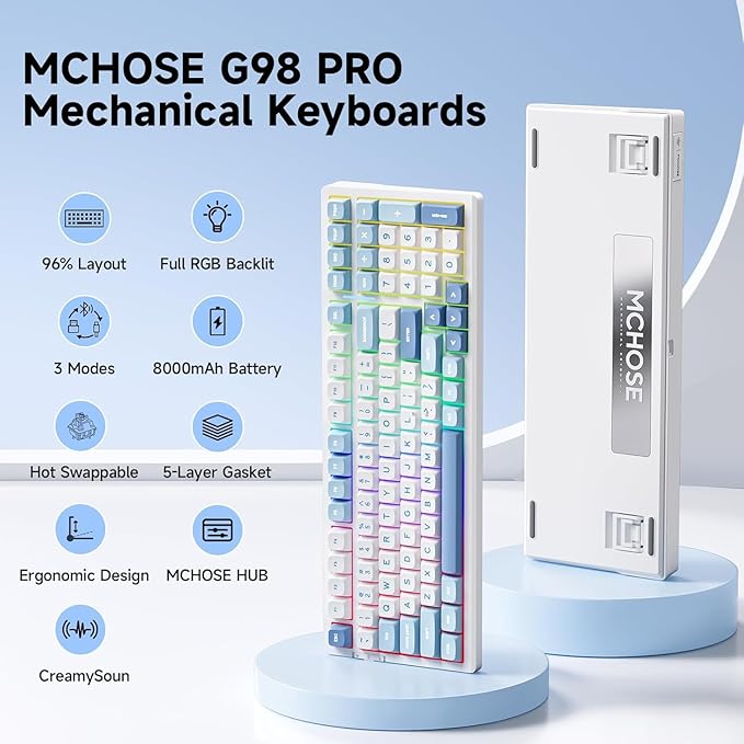 MCHOSE G98 PRO Wireless Gaming Keyboard, Tri-Mode Connection Mechanical Keyboard, Hot Swappable Custom Gasket Structure, Pre-lubed Linear Switches, Double Shot PBT Keycaps, RGB LED Backlit, Blue&White