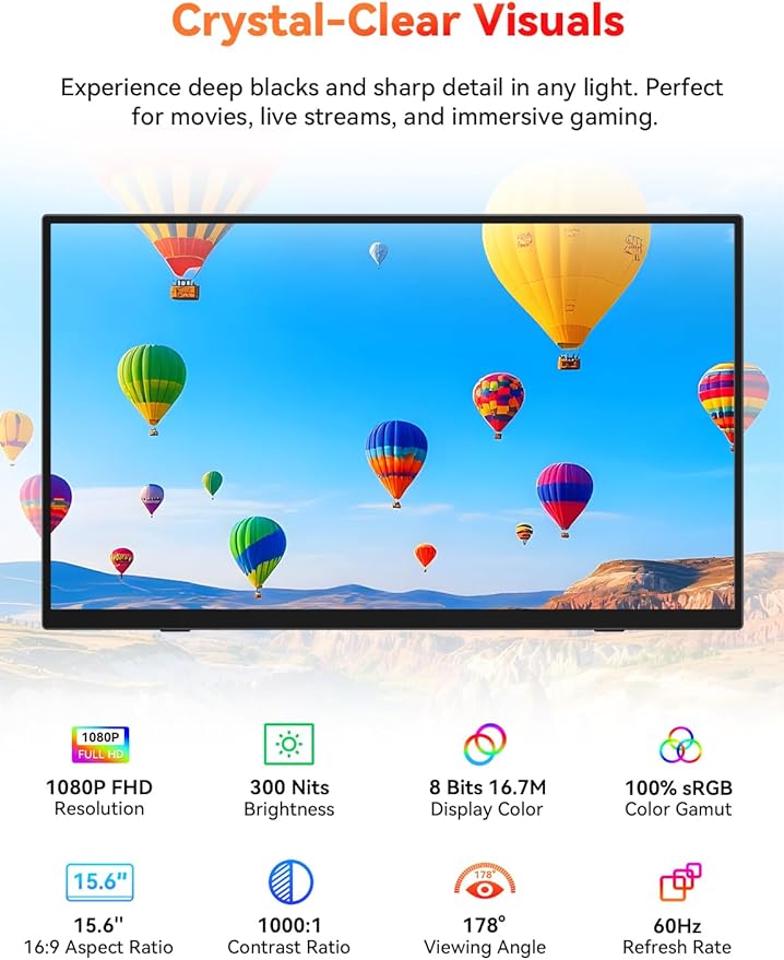 HotYeah Portable Monitor, 15.6-in 1080P FHD Laptop Monitor USB-C HDMI External Computer Display HDR FreeSync IPS w/Kickstand & Speaker, 2nd Screen for Laptop PC Mac Phone Tablet Switch PS5 Xbox