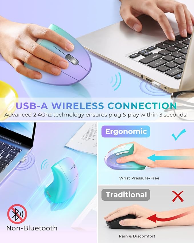 Lekvey Ergonomic Mouse, Vertical Wireless Mouse, Rechargeable 2.4G Optical Carpal Tunnel Mice: 800/1200 / 1600 DPI, 6 Buttons, for Laptop, PC, Mac, Computer, Desktop, Notebook etc, Green Purple