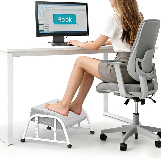 Under Desk Footrest with Memory Foam, Adjustable 10-Level Ergonomic Foot Rest for Office & Gaming Desk Accessories for Leg Rest, Reinforced Metal Frame, Non-Slip Base Extra Large（White