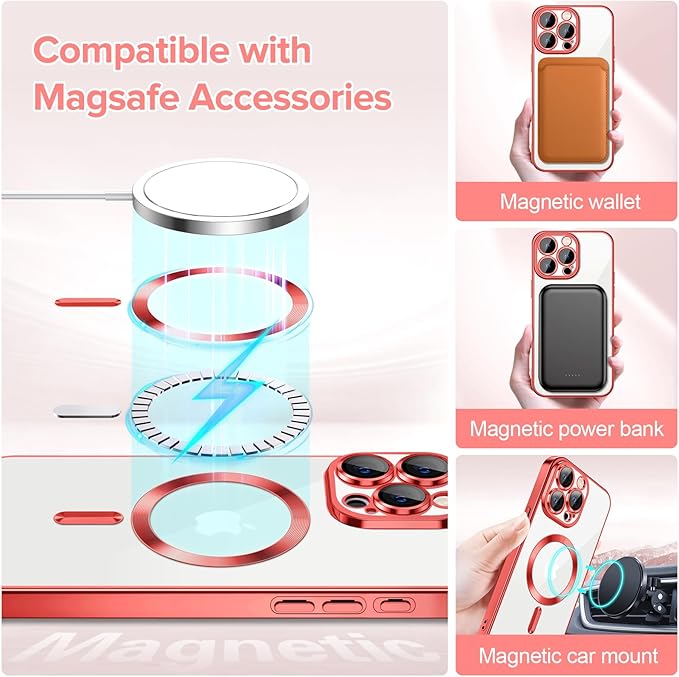 Hython Magnetic Clear for iPhone 15 Pro Case with Camera Lens Protector [Compatible with MagSafe] Luxury Plating Edge Slim Soft TPU Cover Protective Phone Case for iPhone 15 Pro 6.1", Red
