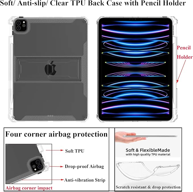 Clear Stand Case for iPad Air 5th/Air 4th Generation 10.9" (2022/2020) & iPad Pro 11 4th/3rd/2nd/1st Generation (2022/2021/2020/2018) Soft TPU Back Cover with Pencil Holder/Kickstand, Clear