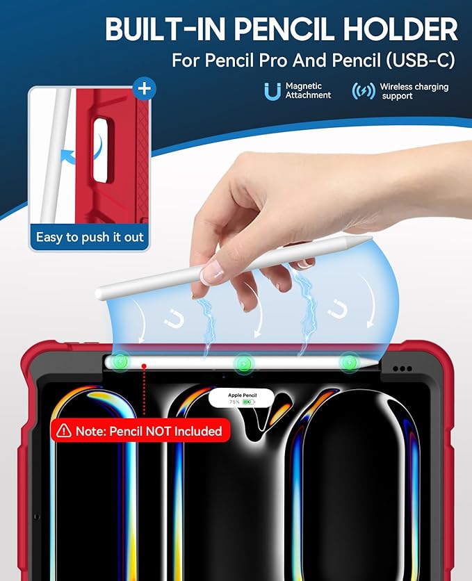 Case for iPad Pro 11 inch Case 2024 (M4), iPad 11 Pro C ase with Pencil Holder, Built-in Stand Shockproof Rugged Protective Cover for iPad Pro 11 inch 5th Gen (Red)