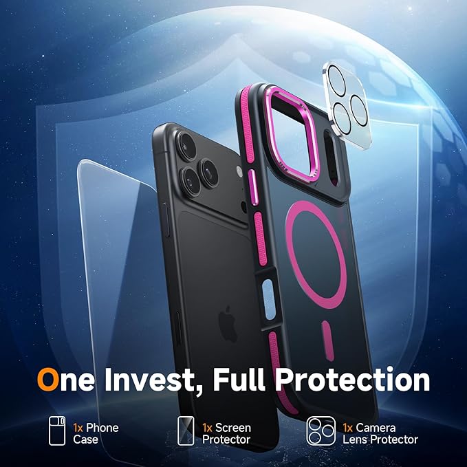 Magnetic 3 in 1 for iPhone 17 Pro Max Case, [Omni-Directional Protection] with 1x Screen Protector + 1x Camera Cover, [Seamless Work with Magsafe] Protective Silm Case for iPhone 17 Pro Max Hot Pink