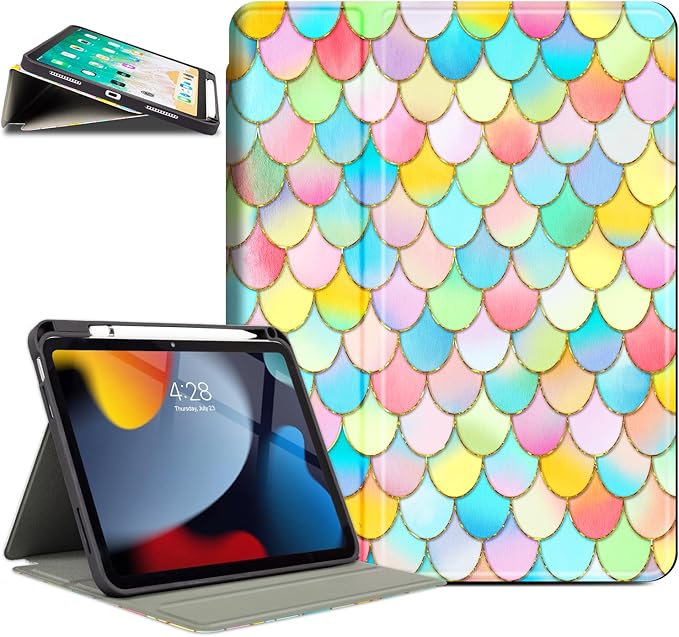 for iPad (A16) 11Th/10Th Generation Case 2025/2022, for iPad A16 Case 11Th/10Th Generation, 10Th/11Th Gen Slim Cover Pencil Holder & 4 Viewing Angles & Typing Stand, Colorful Pink Fish Scale