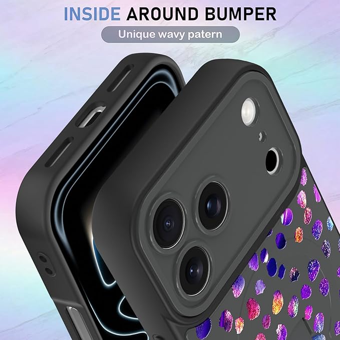 KANGHAR Compatible with iPhone 17 Pro Max Case, Support for MagSafe, Silicone Cute Iridescent Pattern Leopard Print Cheetah, Wristband Kickstand Shockproof Soft Slim Cover for Girls Women, Black