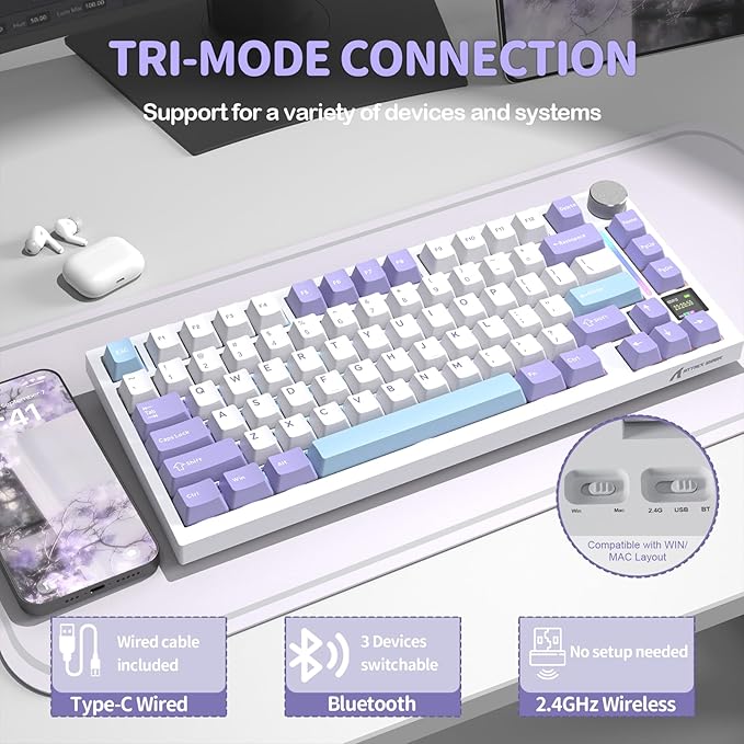 ATTACK SHARK X820 Ultra 75% Wireless Gaming Mechanical Keyboard Hot-Swappable Gasket Mount RGB Backlit BT/2.4G/Wired Custom Keyboard with Smart TFT Display&Knob QMK Driver-Starlight White&Shark Switch