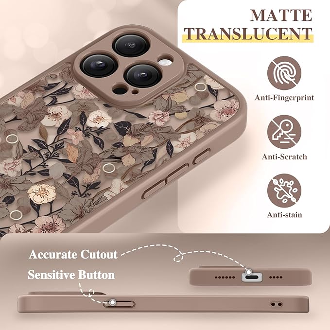 GVIEWIN for iPhone 15 Pro Max Case Compatible with MagSafe, [Military Grade Protection] [Screen Protector] Full Camera Protection Floral Translucent Women Magnetic Phone Case, Apricot Blossom/Brown