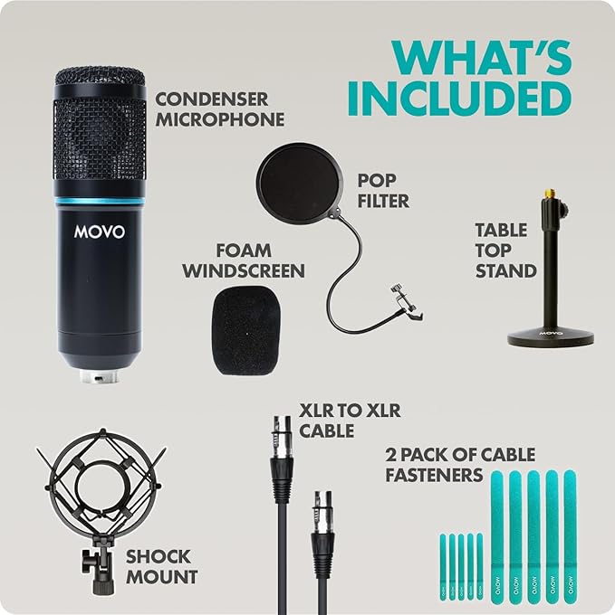 Movo PC-M6 Universal Cardioid Condenser Microphone Bundle with Tabletop Mic Stand, Dual Layer Pop Filter, and Audio Cables - Great Studio Equipment Kit with Perfect Singing Microphone for Recording