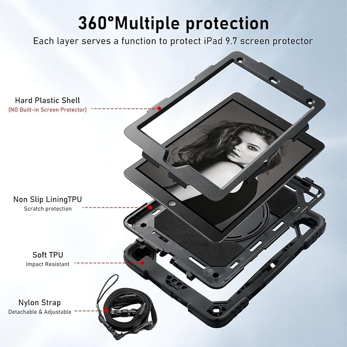 for iPad 6th Generation/iPad 5th Gen/iPad Air 2/iPad Pro 9.7" Case with Cute Key Chain, Rugged Protective Case with Rotating Stand & Shoulder Hand Strap for iPad 6th/5th/ Air 2 (Black)