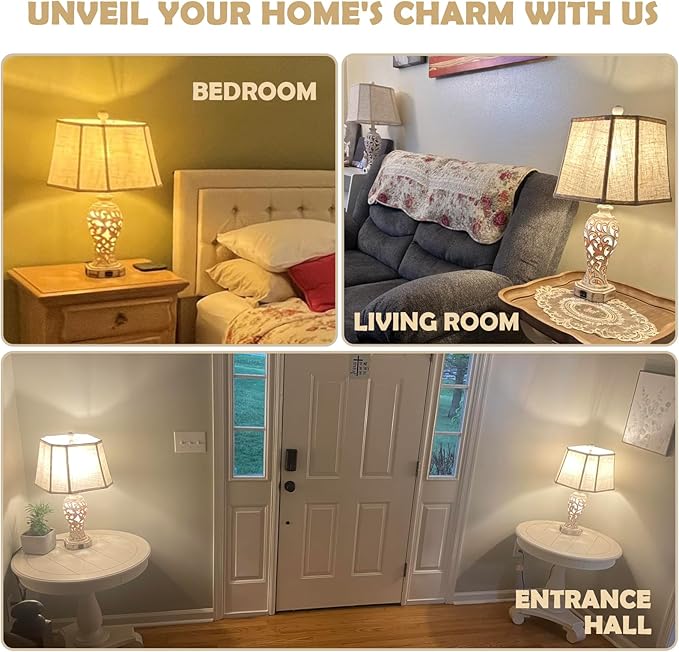 Set of 2 Rustic Table Lamps for Living Room Bedroom, Farmhouse Vintage Nightstand Lamp with 2 USB Ports, Hollow Out Resin Lamp for End Table with Nightlight, Bulbs Included (Wash White)