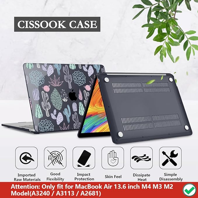 CISSOOK Laptop Hard Shell Case for MacBook Air 13.6 Inch Case 2026 2025 2024 2022 Release A3449 A3240 A3113 A2681 Cute Cacti Shell with Keyboard Cover for MacBook Air 13-inch M5 M4 M3 M2 Chip, Cactus