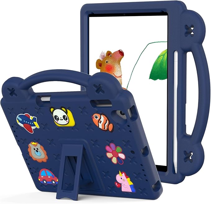 AKABEILA Compatible with Apple iPad Air 1 2013/Air 2 2014/Pro 9.7(2016)/iPad 9.7(2017/2018) Tablet Case, Kids Shockproof Protective Case with Shoulder Strap & Stand Handle & Pen Tray Navy Blue