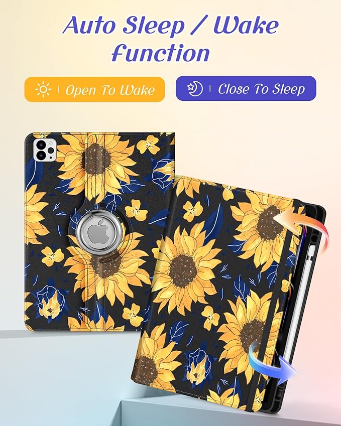 Kidcube for iPad Pro 13 Inch Case M4 2024 - Women Girls Cute Rotating Stand Folio Cover with Pencil Holder & Card Slot Girly Kawaii Sunflower Design for iPad Pro 13 Inch Case 2024 (A2925 A2926 A3007)