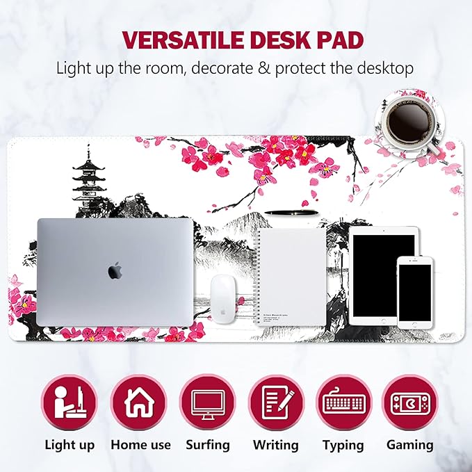 AIMSA Extended Gaming Mouse Pad, XL Large Keyboard Mouse Mat Desk Pad with Stitched Edges, Durable Non-Slip Base Landscape Mousepad for Home Office, Mountain Sakura Ink Painting