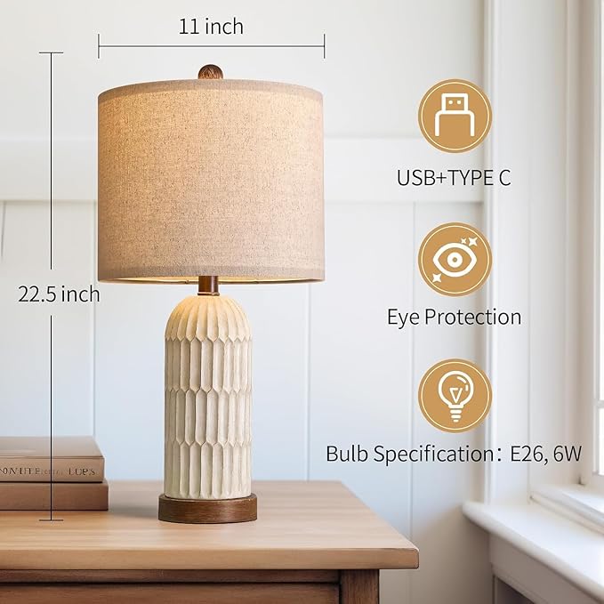 OYEARS 22.5" Bedside Table Lamps Set of 2, Farmhouse Table Lamp with USB A+C Charging Ports,Vintage Nightstand Lamp for Bedrooms and Living Rooms, Retro Resin End Table Lamp, Beige and Brown