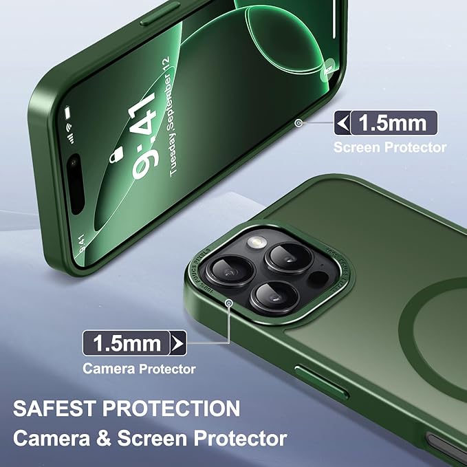 Newfuture Designed for iPhone 16 Pro Case with Magnetic [13 FT Military Drop Protection] [Compatible with Magsafe] Slim Translucent Matte Shockproof with Anti-Fingerprint Phone Case,Dark Green