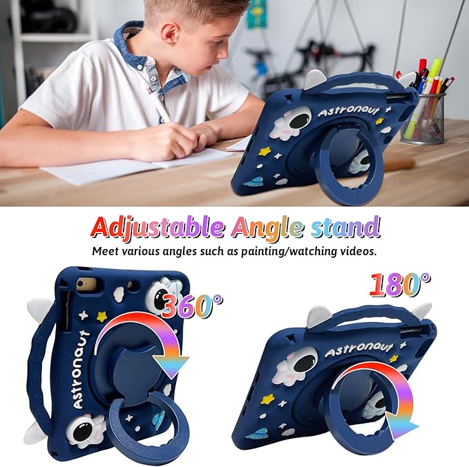 Dteck for iPad Pro 11 Case 2022/2021/2020/2018,iPad Air 5/4 Case,Cute Cartoon 3D Unique Rotating Handle Stand Shoulder Strap Soft Silicone Funda Rugged Shockproof Protective Kid-Proof Case,Astronaut
