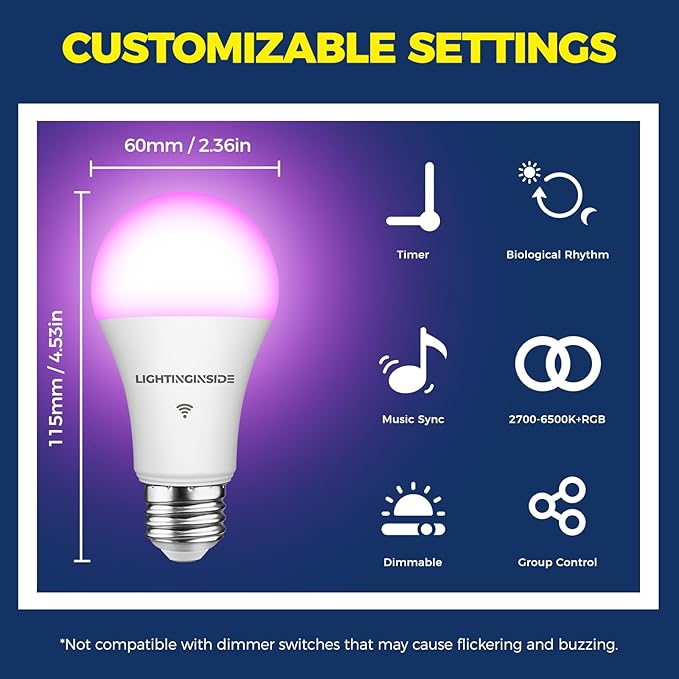 Lightinginside Smart Light Bulbs 100W Equiv., 1350LM 11W Smart Bulb Works with Alexa/Google Home/SmartLife, A19 E26 RGBCW Color Changing, No Hub Required, 2.4G WiFi Bluetooth Bulb, ETL Listed, 1PC