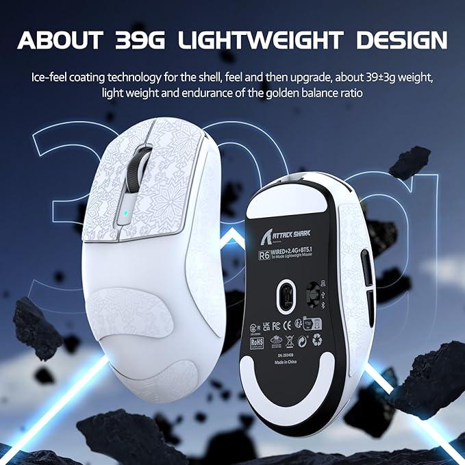 ATTACK SHARK R6 Wireless Gaming Mouse, Tri-Mode Connection, 39 Grams Superlight, PAW3950 42K DPI Sensor, 8K Polling Rate, MCU Nodic 52840, 7 Programmable Buttons, for PC/Mac/Linux/PS - White & Sticker