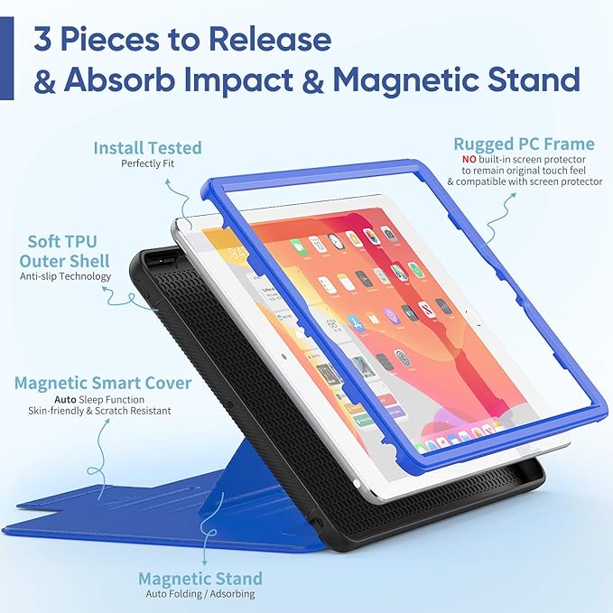 SEYMAC stock Case for iPad 9th/8th/7th Generation 10.2'', Strong Magnetic Auto Sleep Shockproof Case with Absorbing Multi-Angles Stand, Pen Holder, Card Slot (Blue)