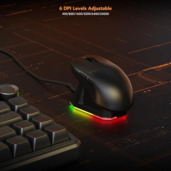 KYSONA Wireless Gaming Mouse with Charging Dock，Lightweight 42g, 24000 DPI, Wired/Bluetooth/2.4G Optical Mice, Long Battery Life, Compatible with PC/Mac - Black