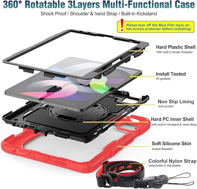 SEYMAC stock Case for iPad Air 5th/4th Generation/Pro 11 (4th/3rd/2nd) with Screen Protector Pen Holder, 360° Rotate Hand Strap/Stand Case for iPad Air 5th/4th Gen 10.9''/ Pro 11'' (Black+Red)
