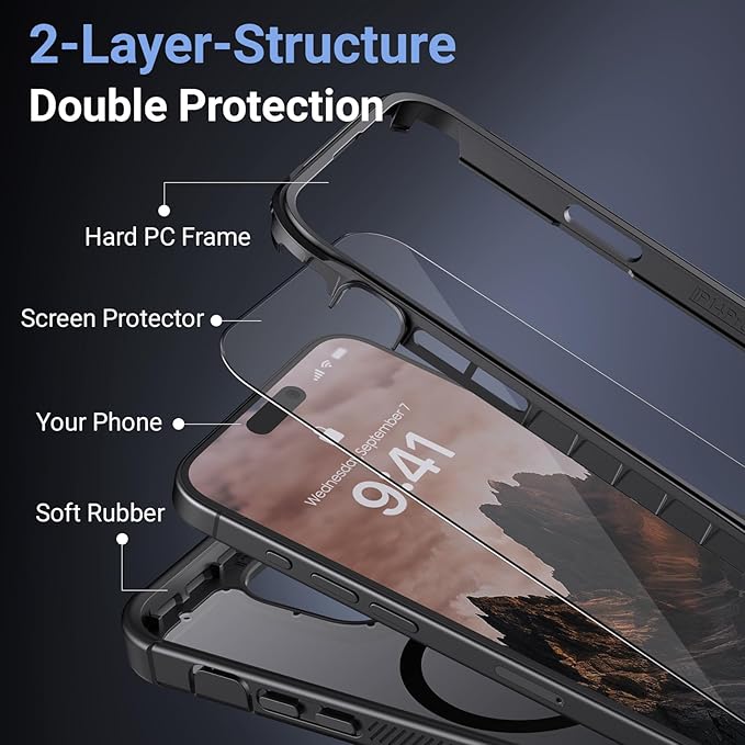 Magnetic for iPhone 14 Pro Max Case,[Screen Protector] [Compatible with MagSafe][Military Grade Drop Protection][Heavy Duty Protection][Shockproof] 2-Layer Durable Bumper Phone Case 6.7"-Black