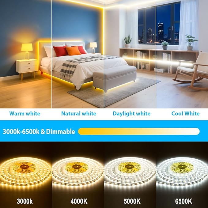 White LED Strip Lights 46ft 3000K-6500K Dimmable, Smart Strip Light Alexa Compatible, 24V WiFi Flexible Tape LED with APP & RF Remote, Cabinet Lighting Self-Adhesive for Room, Kitchen