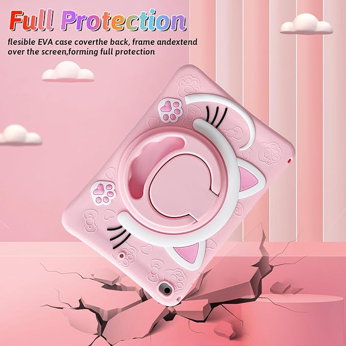 Dteck for iPad 9th/8th/7th Generation Case 10.2",Cute Cartoon Funda 3D Unique Design Light Rotating Handle Stand Shoulder Strap Soft Silicone Drop Rugged Shockproof Protective Kid-Proof Case,Cat