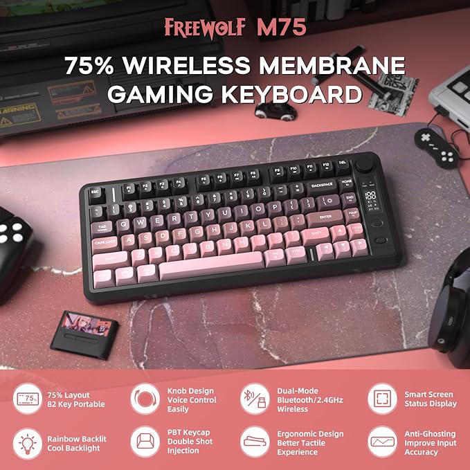 FREEWOLF M75 Wireless Gaming Keyboard Mechanical Feel Membrane with Knob & OLED Display Bluetooth/2.4Ghz Rainbow Backlit Gradient PBT Keycaps 2000mAH Battery Anti-Ghosting-Pink