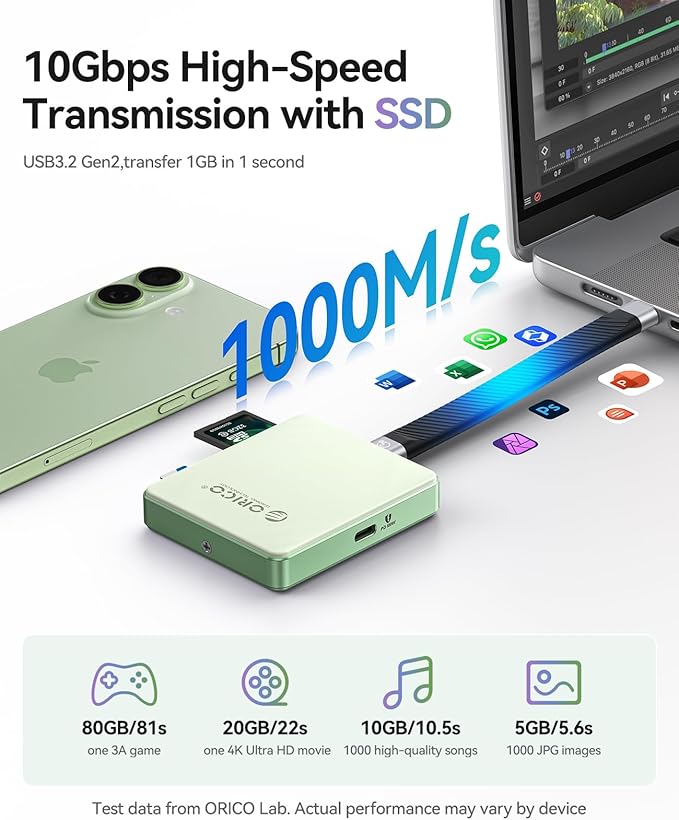 ORICO Magnetic M.2 2230/2242 NVMe SSD Enclosure for iPhone 4K ProRes Recording ith SD/TF 3.0 Card Reader PD100W Charging Port, Support for iPhone 15/16/17 Series Laptop Tablet- Diskless AP42F Blue