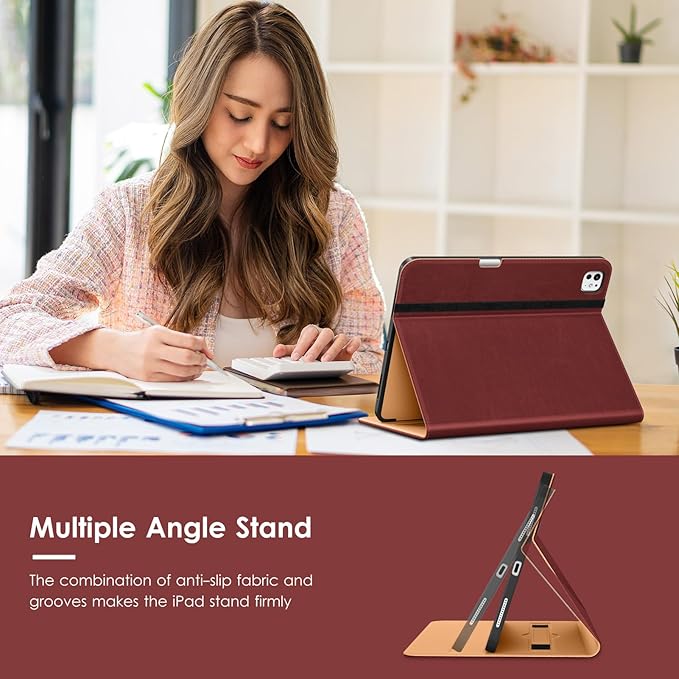 VIKESI Case for iPad Pro 13-inch M5 or M4 Released in 2025 or 2024, Leather Stand Cover with Apple Pencil Holder, Auto Wake/Sleep, Multiple Viewing Angles, Built in Hand Strap & Pocket,Burgundy Red