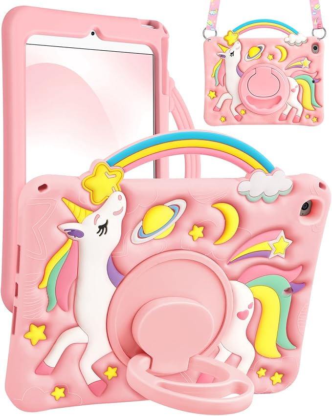 Boaretiu for iPad mini 5th/4th Generation Case 7.9 Inch 2019/2015 - Cute Cartoon Unicorn Soft 3D Silicone Case with Strap & Rotating Stand for Girls Teens Tablet Cover for iPad mini 5th/4th
