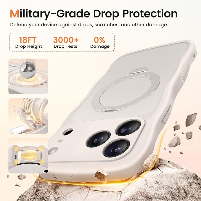 CAPRARO for iPhone 17 Pro Case with 360° Spin Magnetic Stand for Women, [Compatible with MagSafe] [Full Camera Protection] Cute Wave Translucent Matte Case for iPhone 17 Pro, Stone
