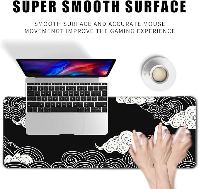 Black and White Anime Clouds XL Mouse Pad - Desk Gaming Mat with Stitched Edges, Non-Slip, 31.5x11.8 in