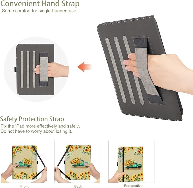 for iPad (A16) 11Th/10Th Generation Case 2025/2022, for iPad Case 11Th/10Th Generation, 10Th/11Th Gen iPadCase Cover Pencil Holder/Hand Strap/Pocket/Adjustable Stand, Sunflower Truck
