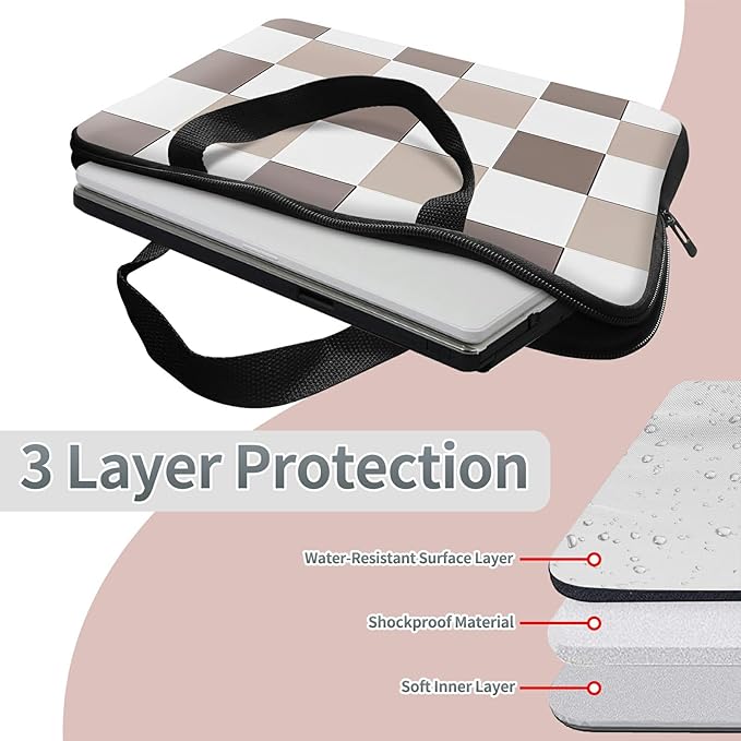 Laptop Sleeve Case Bag 13 inch, Brown Checkered Slim Carrying Case Handbag Travel Laptop Bag for 13 inch MacBook Air M3/M2/Pro M2/ 13" iPad Pro/Air M4/M2 2024