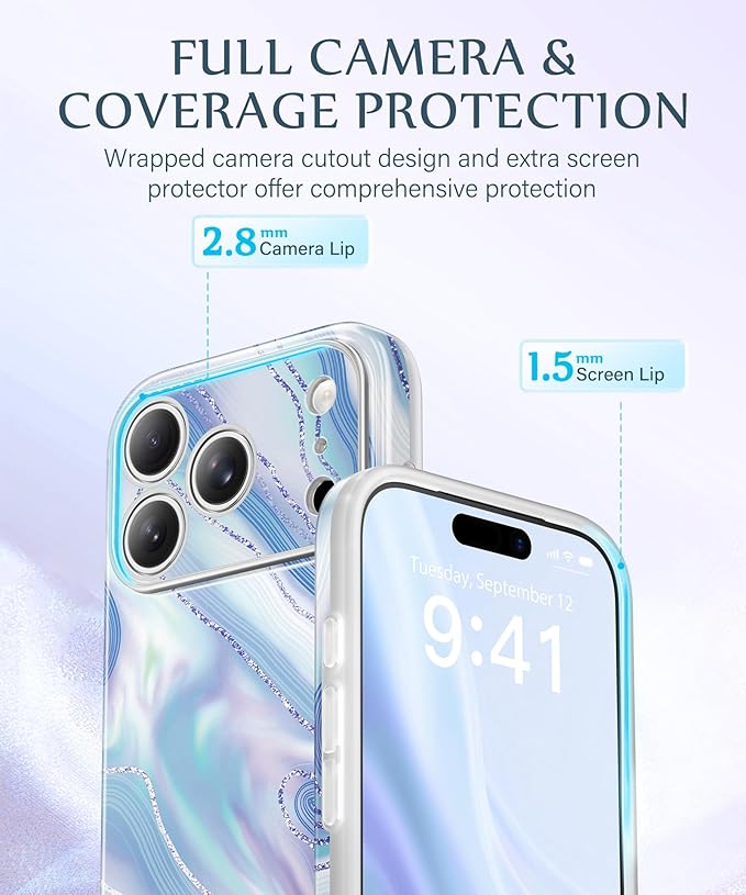 GVIEWIN for iPhone 17 Pro Case Compatible with MagSafe, [Full Camera Protection][Military-Grade Protection] Shockproof Protective Slim Magnetic Marble Phone Case for 17 Pro 6.3", Aurora/Azure Blue