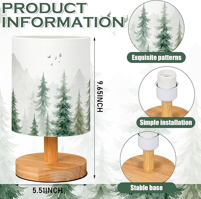 VIHOSE Pine Tree Bedside Table Lamp Forest Table Lamp Vintage Nightstand with Linen Fabric Shade Solid Wood Base Decoration for Kids Living Room Bedroom Desk Dorm