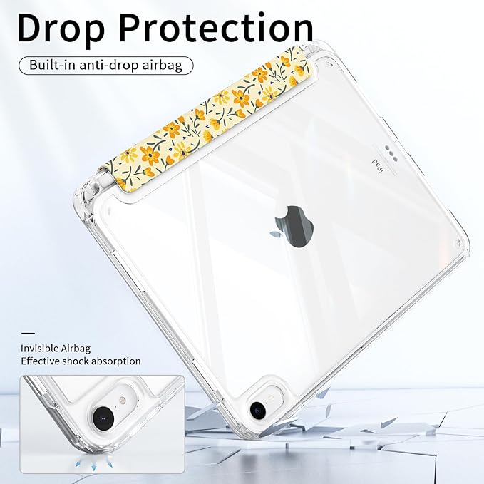 Case for iPad 11th Generation A16 Chip (2025), iPad 10th Generation (2022) Case Yellow Floral, Protective Slim Clear Back Cover with Pencil Holder, Trifold Sturdy Stand, Composition Book