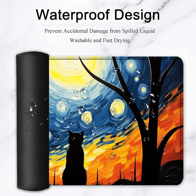 Large Mouse Pad, 31.5 x 11.8in Extended Gaming Mouse Pad with Stitched Edges, XXL Mousepad Protector Non Slip Rubber Base for Office and Home Writing Mat, Funy Starry Night Black Cat Pattern Desk Mat