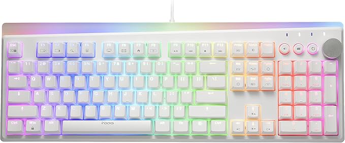 i-rocks K71M RGB Mechanical Gaming Keyboard with Media Control Knob, Switches (Red), 107 Keys w/Full NKRO, PBT Keycaps, Multimedia Hotkeys, Detachable USB-C Cable and Onboard Storage, White