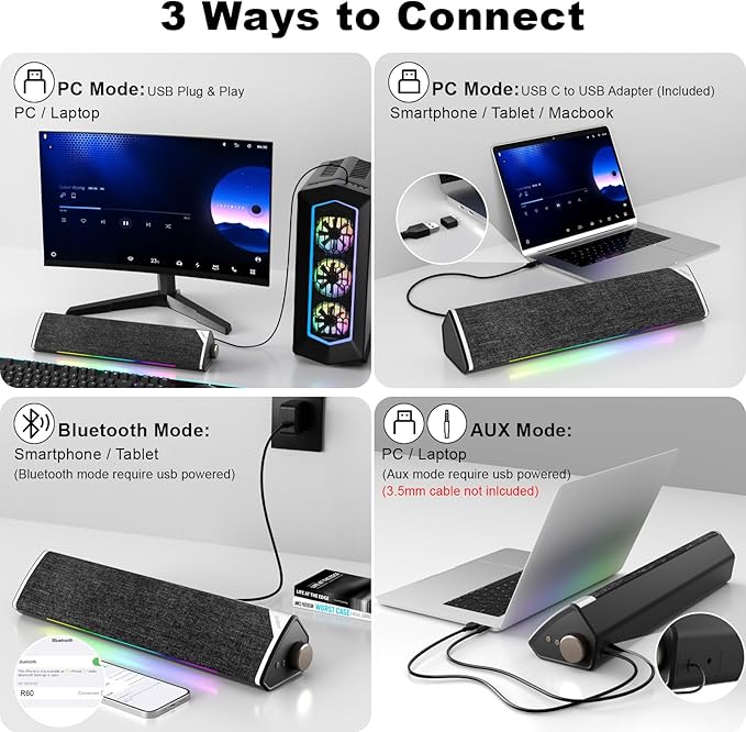 SOULION Computer Speakers, USB-Powered Bluetooth PC Soundbar with Dynamic RGB LED Lights, Surround Sound for Desktop, Laptop, Office, Work, Music & Gaming, Black (USB-C to USB Adapter Included)