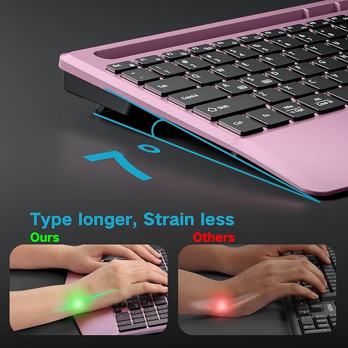 Hamile 2.4G&Bluetooth Wireless Keyboard - Light Up Keyboards with Wrist Rest - 8 Backlit Effects - Slim Rechargeable Silent with Holder for Windows, Mac, Rose Pink