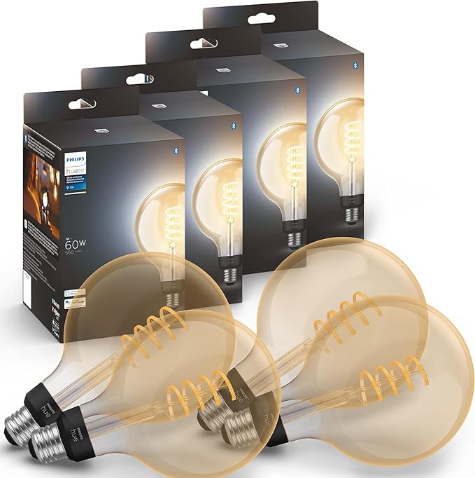 Philips Hue Smart 60W G40 Filament LED Bulb - White Ambiance Warm-to-Cool White Light - 4 Pack - 550LM - E26 - Indoor - Control with Hue App - Works with Alexa, Google Assistant and Apple Homekit