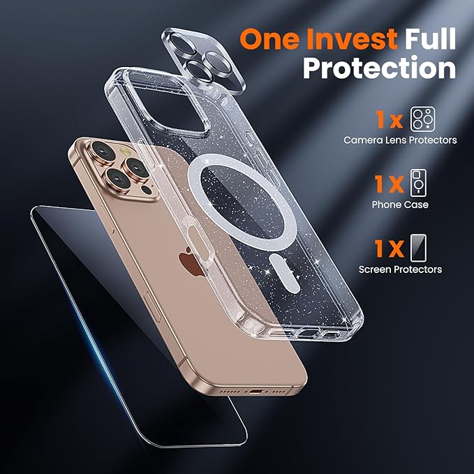 toushion 3 in 1 for iPhone 16 Pro Max Case Clear with MagSafe, Not Yellowing, Screen Protector*1 Camera Lens Protector*1, Protection for iPhone 16 Pro Max Phone Case 6.7 inch Clear Glitter
